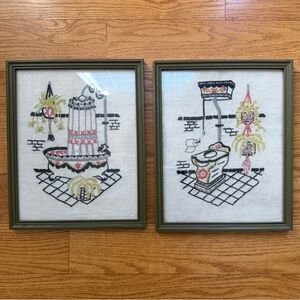 Framed Embroidered Art Set, Bathtub and Toilet
